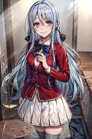 (masterpiece, top quality, best quality, official art, picture perfect, 8k:1.3), 1girl, solo, Hiyori, (looking at viewer, cowboy shot:1), (light blue hair, bluish silver hair, light blue colored hair, blue hair, grey hair, flowing hair, black hair ribbons:1.2), (purple eyes, shining purple eyes:1.3), (smile, closed mouth:1.2), (medium breasts:1), (Hiyori School, school uniform, red blazer, red jacket, white dress, white skirt, pleated skirt, blue bow, grey thighhighs, Zettai Ryouiki:1.15),
