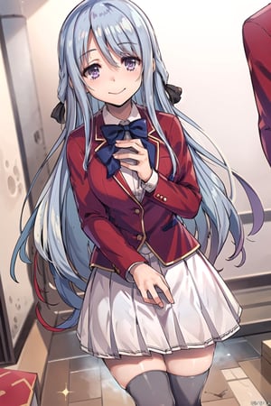 (masterpiece, top quality, best quality, official art, picture perfect, 8k:1.3), 1girl, solo, Hiyori, (looking at viewer, cowboy shot:1), (light blue hair, bluish silver hair, light blue colored hair, blue hair, grey hair, flowing hair, black hair ribbons:1.2), (purple eyes, shining purple eyes:1.3), (smile, closed mouth:1.2), (medium breasts:1), (Hiyori School, school uniform, red blazer, red jacket, white dress, white skirt, pleated skirt, blue bow, grey thighhighs, Zettai Ryouiki:1.15),
