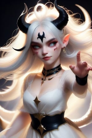 little women demon with good curves, white hair and long, big black horns