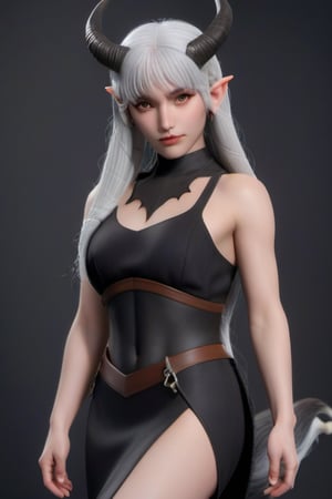demon woman with a good feminine body with good curves in her waist, perfect and round tail.  white hair and long, big black horns