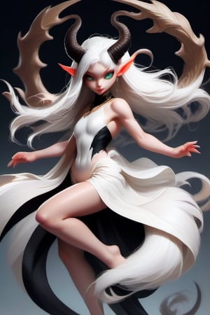 demon woman with a good feminine body with good curves in her waist, perfect and round tail.  white hair and long, big black horns