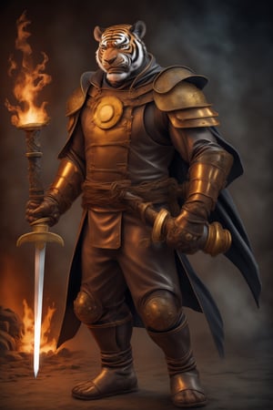 stocky young warrior, non-human, black tiger man with intense fire-colored veins.  wearing heavy silver armor with brown leather bindings.  a blue cape with gold details and a giant sword on his back.