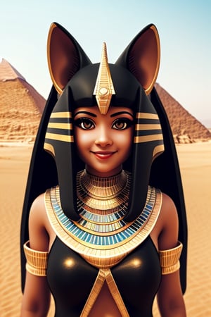 vibrant colors, 1 girl, masterpiece, sharp focus, best quality, depth of field, cinematic lighting, detailed outfit, anubis girl, anubis ears, red eyes, dark skin, cute, smile, medium black hair, egyptian outfit, golden egyptian jewelry, desert, pyramid,cowboy shot