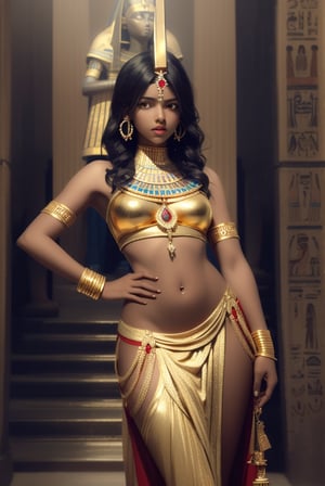 vibrant colors, girl, masterpiece, sharp focus, best quality, depth of field, cinematic lighting, black hair, red eyes, egyptian, wide hips, mature female, large breasts, curvy, gold egyptian jewelry, royal gold egyptian pyramid, dark skin, 