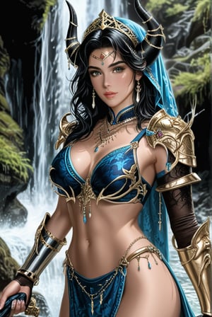 A fantasy warrior maiden stares directly into the viewer's eyes, her long, jet-black hair flowing down her back like a dark waterfall. Her medium-sized chest beneath her bikini-style armor, adorned with intricate jewels and pointed, intricate horns peek out from her forehead. A subtle navel ring adds a touch of mysticism. She wears shoulder armor and gauntlets, clutching a bow in one hand while holding a mysterious weapon ready to use.