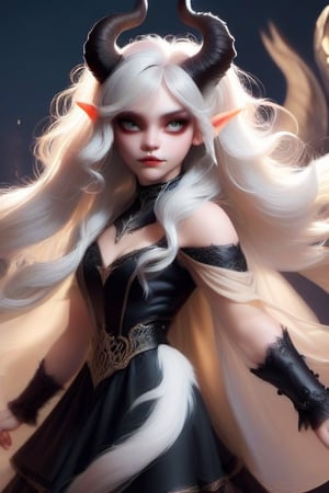 little women demon with good curves, white hair and long, big black horns