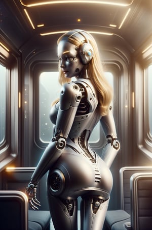 Beautiful feminine cybergirl, space traveler. Very tight clothes, perfect train. By Behind her face, her cybernetic robotic parts can be seen underneath her blonde hair