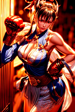 Solo, Street Fighter, perfect body, very feminine oriental warrior(chun Li), perfect hands and fingers, high level of detail (masterpiece, best quality), intense framing, dynamic angle, standing, perfect hand with the right finger, BetterHands , Better_Hands, 