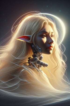 young woman blonde long wavy hair beautiful face, cybernetic symmetrical face shark teeth without lips, big red eyes defiant look.  Elf's ears