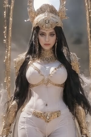 Long curly hair, light blue eyes, Egyptian, wide hips, teenage female with large breasts, curves, blue skin. Egyptian gold jewelry, futuristic Egyptian clothing with very exposed skin, and transparent fabrics. Behind her is Osiris, holding her by the shoulders.