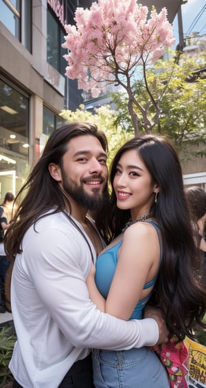 The image depicts a couple standing together outdoors in a garden or landscaped area. The man on the left is dressed in a dark long-sleeve shirt and light-colored pants with a chain around his neck, while the woman on the right is wearing a revealing, form-fitting outfit in a light color with cutouts, particularly on the back and legs, that expose a significant portion of her skin. Both individuals are looking towards the camera, with the man having his arm around the woman. The background includes greenery and a building, suggesting a well-maintained, possibly residential or leisure setting. John Cena's warm smile shines bright amidst  clouds of confetti and cannabis as he stands alongside Batman, both laughing and swaying to upbeat tunes. The cyborg's majestic beard and flowing locks add an otherworldly touch, juxtaposed with playful chaos. Framed by vibrant ((Cannabis buds)) and streamers, the duo's joyful dance is set against a kaleidoscope backdrop of whirling colors.