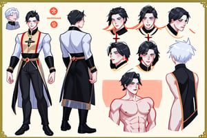 CharacterSheet Multible View Full Body Character Design Male Male Sexy Bara Manhwa Perfect Hands Legs Large Priest Black Mantle with Cross Tight Clothing with a Nude Vercion