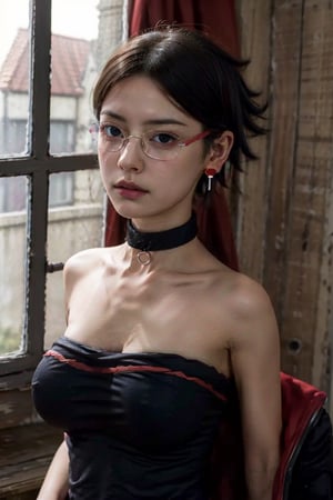 (best quality), (highly detailed), masterpiece, sarada,short hair, black hair, black eyes, jewelry, earrings , choker, o-ring, glasses, collarbone, strapless, bare chest, off chest, looking at viewer, window,  indoors,scenery, intricately detailed, messy hair, hyperdetailed, blurry background,depth of field, best quality, masterpiece, intricate details, tonemapping, sharp focus, hyper detailed, trending on Artstation,1 girl, high res, official art,sarada, hanging breast, saggy breast, cleavage, saggy dress, big breast