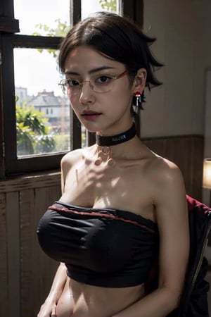 (best quality), (highly detailed), masterpiece, sarada,short hair, black hair, black eyes, jewelry, earrings , choker, o-ring, glasses, collarbone, strapless, bare chest, off chest, looking at viewer, window,  indoors,scenery, intricately detailed, messy hair, hyperdetailed, blurry background,depth of field, best quality, masterpiece, intricate details, tonemapping, sharp focus, hyper detailed, trending on Artstation,1 girl, high res, official art,sarada, hanging breast, super large breast, huge breast, small pregnant, smooth tits, tits covered, bare stomach, bare breast down,