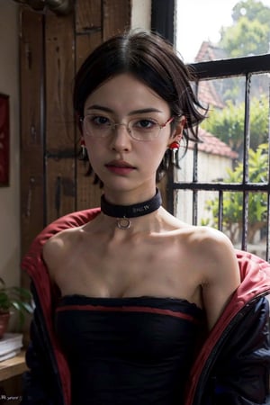 (best quality), (highly detailed), masterpiece, sarada,short hair, black hair, black eyes, jewelry, earrings , collar, choker, o-ring, glasses, collarbone, strapless, bare shoulders, open jacket  , lips, parted lips, off shoulder , looking at viewer, window,  indoors,scenery, intricately detailed, messt hair, hyperdetailed, blurry background,depth of field, best quality, masterpiece, intricate details, tonemapping, sharp focus, hyper detailed, trending on Artstation,1 girl, high res, official art,sarada, hanging breast, saggy breast, cleavage