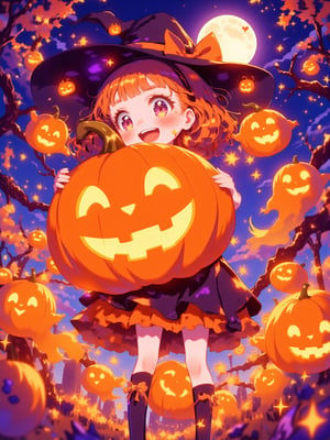 Pumpkin,Pumpkin,Pumpkin!!

Adorable anime-style Halloween scene featuring a cute girl hugging a friendly, glowing pumpkin ghost with a warm smile. Small pumpkin ghosts hover around her, playfully floating in the air, their expressions full of joy and mischief. The girl is dressed in a cute, witch-inspired outfit, and the whole scene radiates a fun, cozy Halloween vibe. The colors are vivid and lively, filled with autumn tones like oranges, purples, and soft, glowing yellows. A glowing full moon and swirling stars create a magical background.
