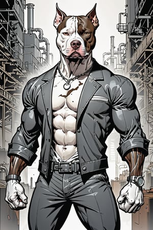 midshot, cel-shading style, centered image, ultra detailed illustration of the comic character ((The Pitbull , ((industrial background)), by Todd McFarlane)), posing, (((Full Body))),  (((it's coloring are White, brown and gray))), ((natural colors)), inkpunk, ink lines, strong outlines, art by MSchiffer, bold traces, unframed, high contrast, cel-shaded, vector, 4k resolution, best quality, (chromatic aberration:1.8