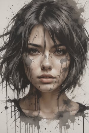 "girl with dark hair tousled bob" "wolf with scarred face" "ink splatter art"  | artistic, scars | hyperrealism | photorealistic | dark and edgy | faded | beautiful | elegant | volumetric lighting | dynamic lighting | all body