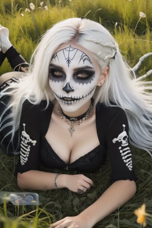 Thin goth girl, resting in a grassy field, long fluffy white hair, tattoos, transparent gemstones, big mouth, large sunken eyes, creepy dark makeup, skeleton smile, bathing in the sunlight 