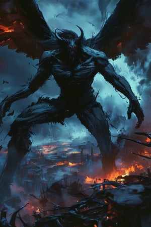 A massive, winged succubus strides across the desolate alien landscape, its very presence seeming to draw the flames of a distant inferno. Charred ruins and twisted metal debris stretch out like a dark, post-apocalyptic canvas, as the demon's wingspan casts long, ominous shadows. The air is heavy with an otherworldly menace, foretelling destruction and despair in this dystopian world.