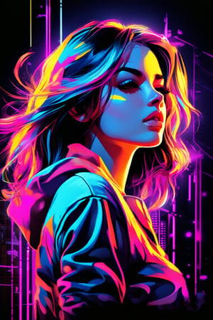 cover painting banner a girl with neon hair, neon cloth, car, black background, contact eyes, best quality