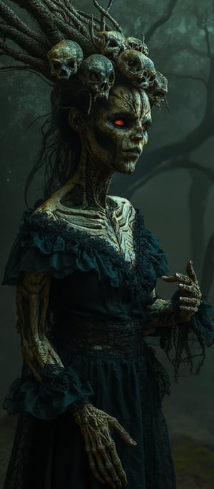 Generate hyper realistic image of a dark, haunting woman with macabre and mystical features. Her face is eerie and skeletal, covered in intricate patterns that resemble roots and vines, giving it a decaying, earthy appearance. Her eyes glow a bright, fiery orange. She is wearing crown-like headpiece made of twisted branches and skulls. The branches fan out from her head, some of them resembling gnarled tree roots, while numerous skulls are embedded within the design. Her clothing is dark and lacy, resembling an ancient, decayed wedding dress. The delicate lace details are contrasted by the rough, bark-like textures that blend into her skin. Her hands are elongated and bony, with sharp, claw-like fingers. Her body is mostly obscured by her dark clothing and the glowing energy she manipulates. The background is dark and shrouded in mist, with faint outlines of twisted trees and decaying branches.