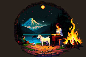 a pixelart of a wild white horse, a woman black hair and a york dog sitting next to a firecamp and theres a mountain and a lake in the background during night