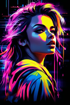 cover painting banner a girl with neon hair, neon cloth, car, black background, contact eyes, best quality