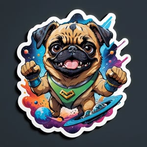 (highly detailed, masterpiece, best quality,highres:1.3), sticker bomb, flat vector, mascot design, character design, cartoon, ((angry dog face)),breed_pug, black chibi, Leonardo Style, sticker, graffiti art, street art, "fist hand sign", no face, showing, realistic art, viking loki, floating, sticker, "floating in space", outer_space, "colorful_spacesuit", "splash color background"