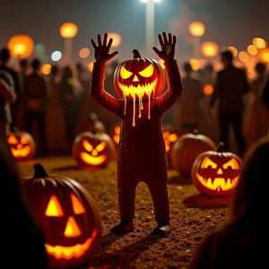 A humanoid jack-o-lantern stands frozen in a crowded pumpkin carving competition, wide-eyed with shock and horror. His glowing tears stream down as he raises his arms in a desperate cry for help and mercy. His carved face pleads for the crowd to stop, as the act of carving represents something deeply personal to him. Around him, people joyfully carve pumpkins, oblivious to his terror. Pumpkin seeds and shavings cover the floor, illuminated by flickering lanterns, enhancing the dramatic contrast between the festive celebration and his despairing cry for help.