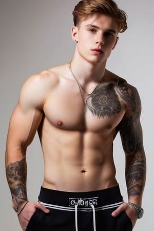 photo of handsome YOUNG  BROWN LIGHT HAIR GUY 21 years old ,PALE SKIN PHOTOGRAPHY  ( full body) SIX PACK ABS, TATTOO ON ARM ,JAW MARKED ,HYPERREALISM,HYPERDETAILED,SOFT LIGHT, PORTRAIT COVER