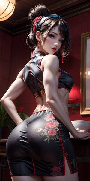 1 girl,adorable,happy,cheongsam,chinese_clothes,hairband,white hair,blue eyes,makeup,elegant pose,looking at viewer,more detail,red embroidary ,flat chest,AA cup breasts,arrogant face,looking down on viewer,long hair,muscular,big biceps,big triceps,large ass,wide ass,detailed abs