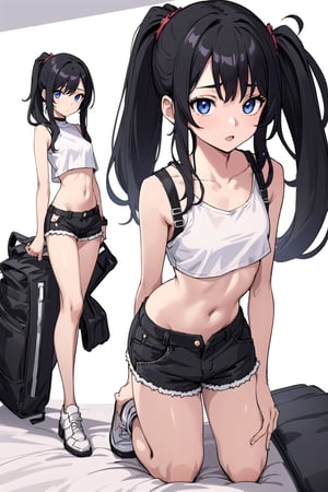 1girl, on her knees, long black hair, ponytail, shorts, crop top, small breasts, slim legs,detailed face, detailed eyes 