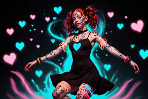takeda hiromitsu style, a dark rave, a young ginger woman in her mid-20s with wavy shoulder length bright red hair and prominent freckles, bright blue eyes, wearing a black dress, wearing multiple glow bracelets on each wrist and ankle, glow necklace, dark background, wearing a choker with a pink heart, her arms, legs, and body are covered in splotches and streaks of glow in the dark body paint in multiple colors, splotches of glow in the dark face paint, glow in the dark tattoos, so much body paint, floating in the air, zero gravity, dancing , cozy, chill beats to study and relax to, vaporwave, calculus symbols floating in the air, math, math symbols, math everywhere, numbers floating, binary, ones and zeroes, computer code, code, detailed, soft focus