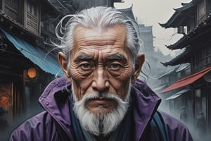 wise old japanese man from tokyo with a long white beard, intricate, sharp focus, fantasy, cinematic lighting, other worldy, surreal 8k photo, dark moody aesthetic, Pre-Raphaelite oil painting by Kilian Eng and Chris Cold, by Utagawa Hiroshige, in the German expressionist style of Hermann Stenner and alex grey and Gustavé Doré, lithograph, pencil drawing, inspired by Scarlett hooft graafland, Boris Vallejo, frank frazetta, François Pompon, Alphonse Mucha, Jean Dupas, Eugeniusz Zak, Simon Stalenhag and Pascal Blanché, Gerald Brom, Jean Tinguely, Zdzisław Beksiński, Anne Geddes, Francis Bacon, Derek Rickard, Yoshikata Amano, Andy Kehoe, Ismail Inceoglu, Russ Mills, Victo Ngai, Bella Kotak, noir, by charlie bowater and dan mumford and trevor Brown, heavy shadows, dark tones, city background, noir, gloomy, dark, neo-noir cyberpunk city, intricate, elegant, highly detailed, devil-armor, 2D motifs detailed dark fantasy digital painting, artstation, concept art, smooth, sharp focus, illustration, art by Otomo Katsuhiro and Shirō Masamune and Oshii Mamoru, style of Jason de Graaf, James Clyne, intricately detailed, cyberpunk, pop art, long exposure, sharp focus, radiant, trending on Artstation, abstract art complementary colors fine details, nostalgic and emotional, cloudy sky, dramatic use of high contrast black and white, surreal, nightmare, rage, art deco, posterised, psychedelic, in the German expressionist style of Hermann Stenner and alex grey and Gustavé Doré, lithograph, pencil drawing, highly detailed, portrait, color photography, in the style of Roger Ballen and Yousuf Karsh and Alfred Stieglitz and Heinrich Hoffmann and Imogen Cunningham and Irving Penn and Robert Frank and Edward Weston and Robert Capa and Annie Leibovitz and Henri-Cartier Bresson and Richard Avedon and Dorothea Lange and simon stalenhag and pascal blanche and alphonse mucha black and white, purple and blue, charcoal drawing, highly detailed