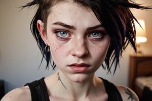 photo of a exquisitely beautiful pale skin punk french girl, 21yo, courtesane, photograph by Sanne van rozendaal, Thorough, analog style, eye focus, highest quality, (highly detailed skin), perfect face, alluring eyes, skin pores, (piercing:0.5), indoor, messy bedroom, (bokeh:0.6), sharp focus, dappled lighting, (backlighting:0.7), film grain, photographed on a Sony A7R IV, 18mm F/1.7 cine lens, (highly detailed, intricately detailed), 8k, HDR, posing, front view, (upper body:0.9)