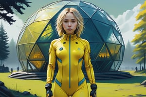 close-up of Juno Temple wearing comfortable bright yellow cyber-onesie, exercising in park, inside geodesic dome, (detailed portrait), Clair-obscur, digital painting, oil painting, in the style of arcane and fernanda suarez pascal blanche and Hermann Stenner and simon stalenhag and Gustavé Doré and alex grey and alphonse mucha and nekro and josan gonzalez and dishonored and bioshock and simon stalenhag and rembrandt and Roger Ballen and Yousuf Karsh and HR Giger and Dariusz Zawadzki and John Jude Palencar and David Cronenberg and Liam Wong and Zdzislaw Beksinski and Luis Buñuel and Takashi Miike and David Lynch and Luis Royo and jakub rozalski and Ilya Kuvshinov and Wlop and Artgerm, trending on artstation, featured on pixiv, dynamic lighting, hyper detailed, octane render, 8k