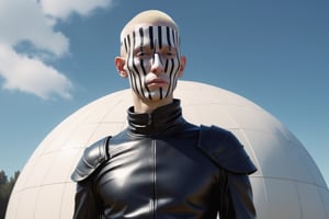 Clair-obscur, renaissance painting, close-up of face of male albino Punjabi soldier wearing black cyberninja outfit with white strips on the legs in a futuristic park inside a geodesign dome designed by Buckminster Fuller, in the style of rembrandt and Roger Ballen and Yousuf Karsh and gustave doré and dishonored and bioshock and HR Giger and Dariusz Zawadzki and John Jude Palencar and David Cronenberg and Liam Wong and Zdzislaw Beksinski and Luis Buñuel and Takashi Miike and David Lynch and Luis Royo and jakub rozalski and simon stalenhag and Ilya Kuvshinov and Wlop and Artgerm and arcane, trending on artstation, featured on pixiv, dynamic lighting, highly detailed, ambient lighting, octane render, 8k