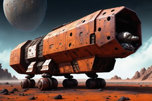 A far wide full profile cinematic image of an old battle-damaged space freighter, colored rust orange by the iron oxide in the asteroid minefields. The ship is large a bulky with cargo departments, but also armed with rail cannons and anti-vehicle drones that guard it. The image should use realistic textures, hyper-realistic image with ultra detailed composition that creates an exciting and intense movie scene