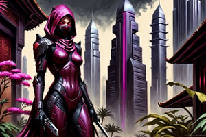 Clair-obscur, digital painting, oil painting, (full body) close-up of female ninja "mass effect" fremen knight wearing luxurious burgundy silk and lace hijab, in front of futuristic turkish moroccan skyscrapers made from white marble and black stone, "traditional 15th century arab architecture" and cyberpunk and spacepunk, in gorgeous french japanese jungle garden park oasis with purple and pink alien plants, in cyberpunk dubai "abu dabi" "kuala lumpur" singapore with lots of LCD screens and neon, Oil on canvas in the style of JBC Corot, Yoshikata Amano, Andy Kehoe, Ismail Inceoglu, Russ Mills, Victo Ngai, Bella Kotak, noir, by charlie bowater and dan mumford and trevor Brown, heavy shadows, dark tones, city background, noir, gloomy, dark, neo-noir cyberpunk city, intricate, elegant, highly detailed, devil-armor, 2D motifs detailed dark fantasy digital painting, artstation, concept art, smooth, sharp focus, illustration, art by Otomo Katsuhiro and Shirō Masamune and Oshii Mamoru, style