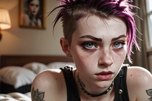 photo of a exquisitely beautiful pale skin punk french girl, 21yo, courtesane, photograph by Sanne van rozendaal, Thorough, analog style, eye focus, highest quality, (highly detailed skin), perfect face, alluring eyes, skin pores, (piercing:0.5), indoor, messy bedroom, (bokeh:0.6), sharp focus, dappled lighting, (backlighting:0.7), film grain, photographed on a Sony A7R IV, 18mm F/1.7 cine lens, (highly detailed, intricately detailed), 8k, HDR, posing, front view, (upper body:0.9)