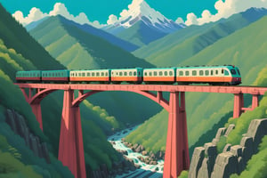 painting of a train traveling over a bridge in the mountains, a detailed painting inspired by Emiliano Ponzi, tumblr, naive art, ghibli art style, tatsuro kiuchi, studio ghibli scheme, studio ghibli smooth concept art, studio ghibli art style, traveling through the mountains, detailed scenery — studio ghibli composition, cinematic studio ghibli still