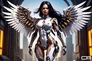 (magazine cover) mechanical angel girl,cyborg must be Full-body skinny,long legs,chiseled jawline,long black hair.Realistic CG masterpiece , mech, gradient spot background,back lighting,bright contour,industrial designs and detailing,bright saturated white angelic hues. Cinematic lighting ,HDR + unreal engine ,CG masterpiece, back-lit,rim light, dtm, full ha, 8K, ultra detailed graphic tension, dynamic poses, stunning colors, 3D rendering,cinematic effects, realism, 00 renderer, hyper realistic, epic full - body photos, super vista, cinema bokeh,carl zeiss lens.