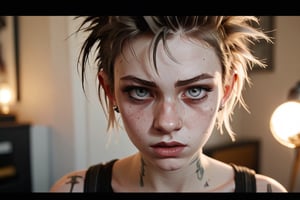 photo of a exquisitely beautiful pale skin punk french girl, 21yo, courtesane, photograph by Sanne van rozendaal, Thorough, analog style, eye focus, highest quality, (highly detailed skin), perfect face, alluring eyes, skin pores, (piercing:0.5), indoor, messy bedroom, (bokeh:0.6), sharp focus, dappled lighting, (backlighting:0.7), film grain, photographed on a Sony A7R IV, 18mm F/1.7 cine lens, (highly detailed, intricately detailed), 8k, HDR, posing, front view, (upper body:0.9)