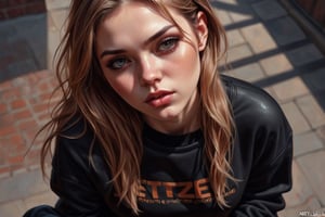 high angle photo of a gorgeous young woman in the style of stefan kostic, realistic skin texture, black sweatshirt, 1 / 2 body crop, 8 5 mm art lens, f 1. 2, sharp focus, 8 k high definition, insanely detailed, intricate, elegant, art by stanley lau and artgerm