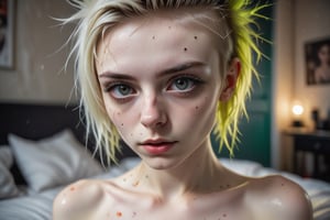 Thorough, analog style, eye focus, highest quality, (highly detailed skin), photo of a exquisitely beautiful pale skin punk italian girl naked woman, perfect face, alluring eyes, [seductive makeup], skin pores, indoor, messy bedroom, (bokeh:0.6), sharp focus, dappled lighting, (backlighting:0.7), film grain, photographed on a Sony A7R IV, 18mm F/1.7 cine lens, (highly detailed, intricately detailed), 8k, HDR, seductively posing, front view, (uppper body:0.9)