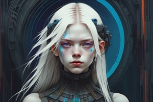 vibrant colors, albino teenage cyborg with long messy hair and piercing eyes, inspired by François Pompon, Alphonse Mucha, Jean Dupas, Eugeniusz Zak, Simon Stalenhag and Pascal Blanché, Gerald Brom, Jean Tinguely, Zdzisław Beksiński, Anne Geddes, Francis Bacon, Derek Rickard, Yoshikata Amano, Andy Kehoe, Ismail Inceoglu, Russ Mills, Victo Ngai, Bella Kotak, noir, by charlie bowater and dan mumford and trevor Brown, heavy shadows, dark tones, city background, noir, gloomy, dark, neo-noir cyberpunk city, intricate, elegant, highly detailed, devil-armor, 2D motifs detailed dark fantasy digital painting, artstation, concept art, smooth, sharp focus, illustration, art by Otomo Katsuhiro and Shirō Masamune and Oshii Mamoru, style of Jason de Graaf, James Clyne, intricately detailed, cyberpunk, pop art, long exposure, sharp focus, radiant, trending on Artstation, abstract art complementary colors fine details, nostalgic and emotional, cloudy sky, dramatic use of high contrast black and white, surreal, nightmare, rage, art deco, posterised, psychedelic, in the German expressionist style of Hermann Stenner and alex grey and Gustavé Doré, lithograph, pencil drawing, highly detailed, portrait, color photography, in the style of Roger Ballen and Yousuf Karsh and Alfred Stieglitz and Heinrich Hoffmann and Imogen Cunningham and Irving Penn and Robert Frank and Edward Weston and Robert Capa and Annie Leibovitz and Henri-Cartier Bresson and Richard Avedon and Dorothea Lange and simon stalenhag and pascal blanche and alphonse mucha black and white, purple and blue, charcoal drawing, highly detailed
