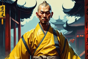 1500s Chinese shaolin monk in yellow kimono, (detailed portrait), dieselpunk, in the style of arcane and fernanda suarez and dishonored and bioshock and simon stalenhag and Ilya Kuvshinov and Wlop and Artgerm, trending on artstation, featured on pixiv, dynamic lighting, highly detailed, ambient lighting, octane render, 8k