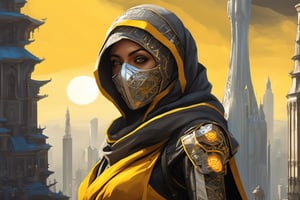 close-up of female ninja "mass effect" fremen knight wearing luxurious yellow and orange silk and lace hijab, in front of futuristic turkish moroccan skyscrapers made from white marble and black stone, ((in the style of Liam wong)), in the middle of a square in Gotham, lithograph, in the style of Gustave Doré and arcane and fernanda suarez and bioshock and dishonored, unrestricted universal love, improve coloring, transparent neon Hologram beam of light, [[[[[Highly Evolved Neo HipHop environment]]]]],[[[Photorealistic photo of Hyperrealistic art Wonderful, cityscape background fusion, biomechanical details, (white and iridescent colors:1.1) bright colors, alchemist, alt_style, cinematic, 35mm film, 35mm photography, film, photo realism, DSLR, 8k uhd, hdr, ultra-detailed, high quality]]] <additional details> stunning appeal, perfect composition, beautiful detailed intricate insanely detailed octane render trending on artstation, 8 k artistic photography, photorealistic concept art, soft natural volumetric cinematic perfect light, award winning photograph, masterpiece, oil on canvas