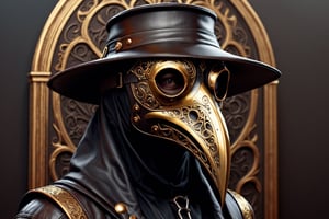 3d render leather plague doctor mask with intricate gold detailing hyperrealistic ultrahd extreme high detail 8k full colour photo quality full view centered wide-angle zoom out fit to window